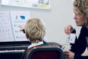 Child practicing at piano with adult showing musical flashcards